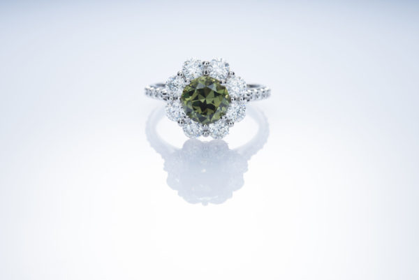 3.43 CTW Chartreuse Sapphire and Diamond Custom Halo Ring in Platinum